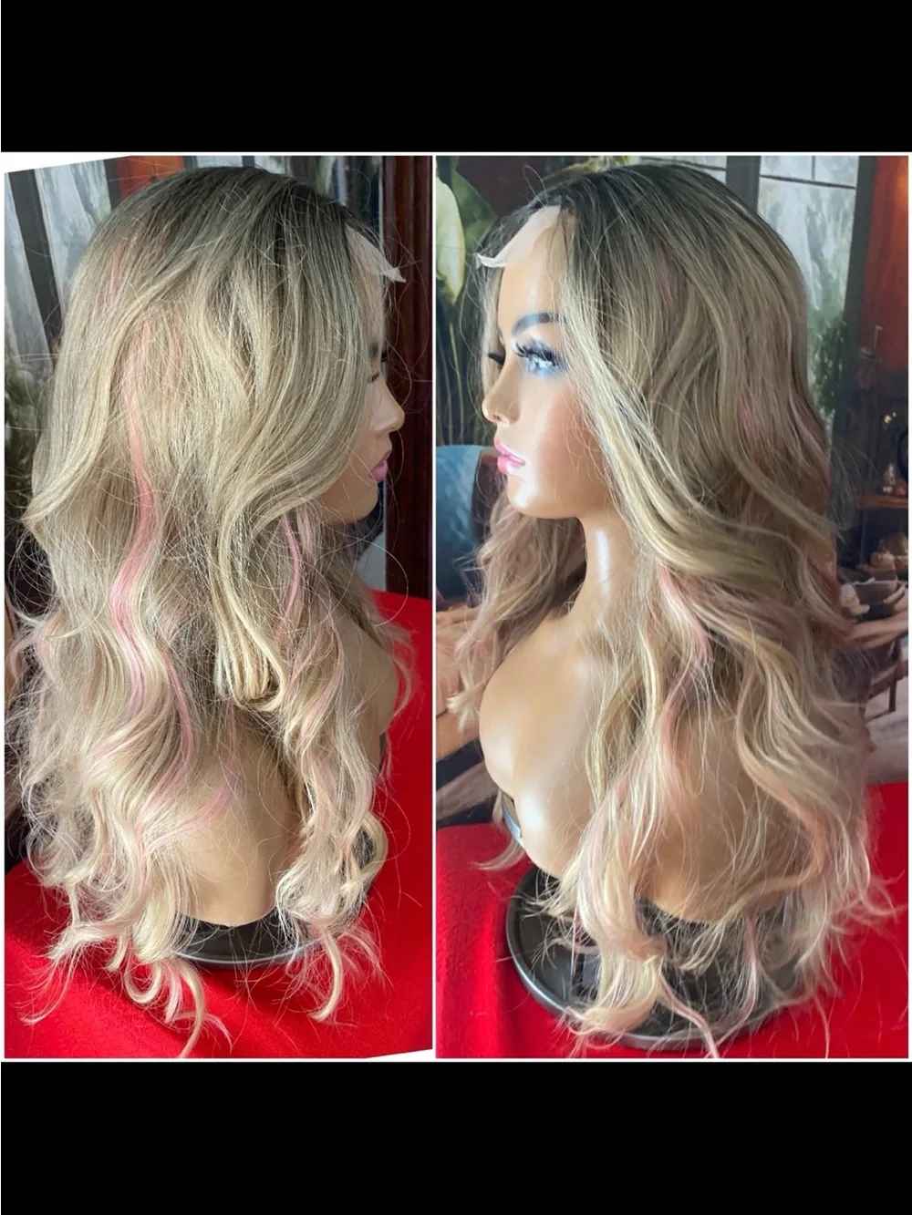 Lace center PINK stripe highlights blonde wig